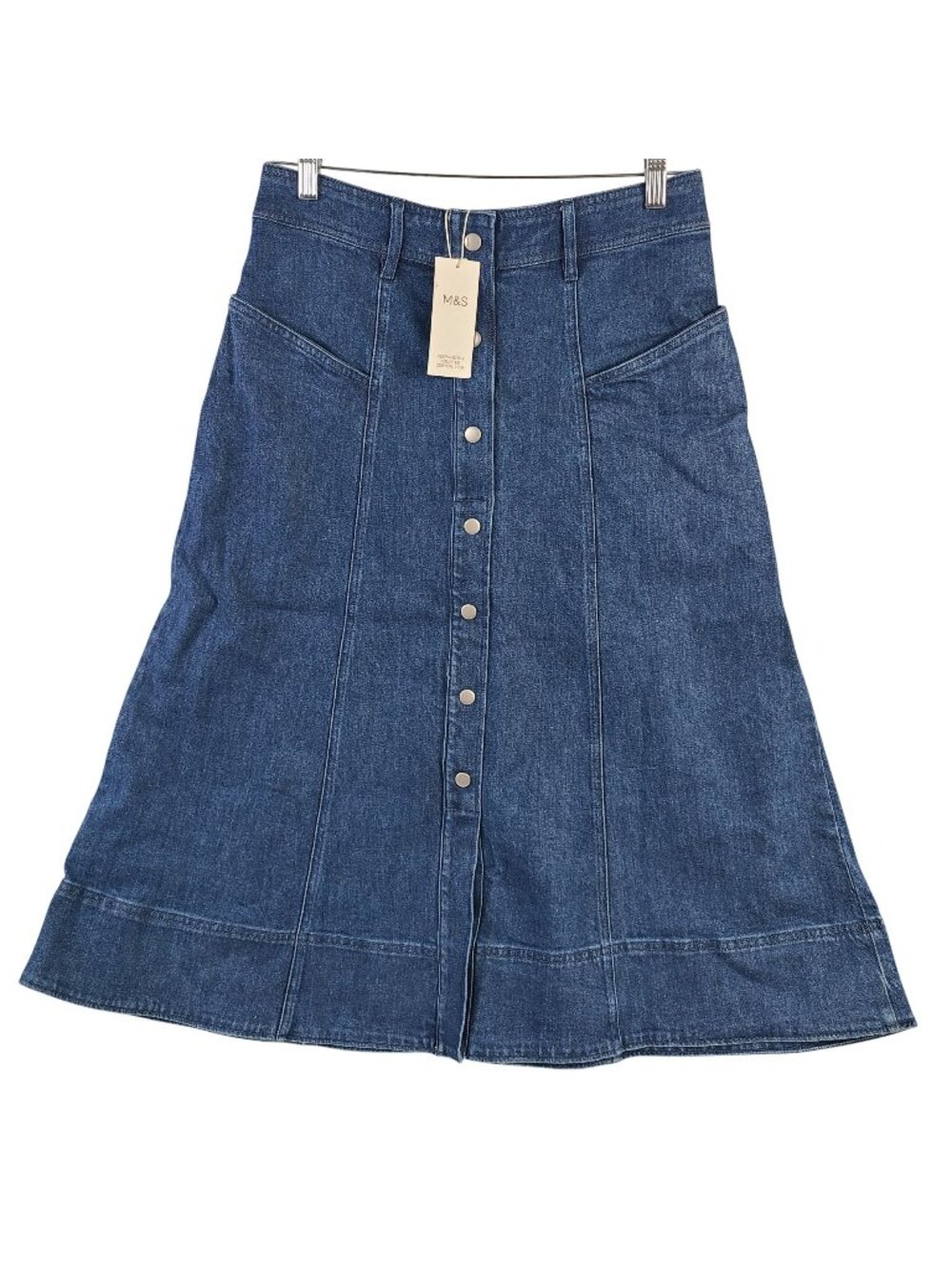 NEW M&S Women's Denim Button-Front A-Line Midi Skirt Size 12 Regular Cotton